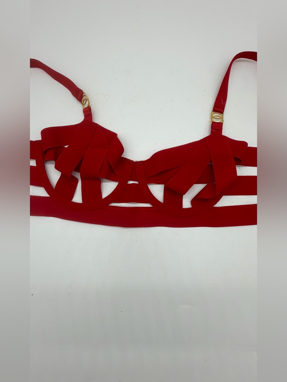 Victoria’s Secret 32B Red Strappy Cage Unlined Underwire Bra Gold - Picture 2 of 8